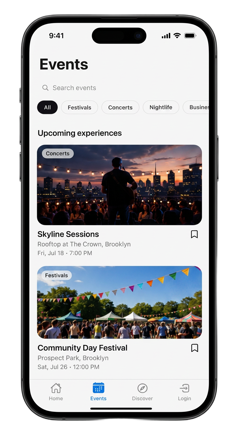 Niddle Events on iPhone, showing upcoming experiences